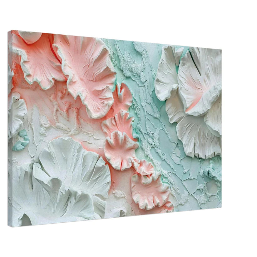 Petali di Gesso – Tela Materica con Fiori in Rosa e Verde Menta