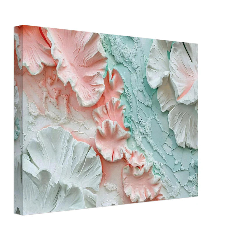 Petali di Gesso – Tela Materica con Fiori in Rosa e Verde Menta