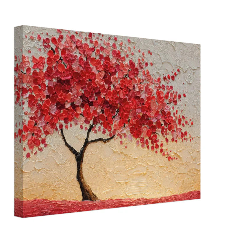 Albero della Vita Rosso – Tela Materica con Fiori Scarlatti