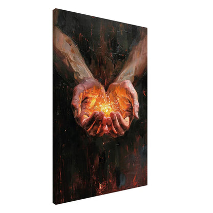 Inner Fire – Tableau Texturé Mains à Lumière Chaude Cosmique