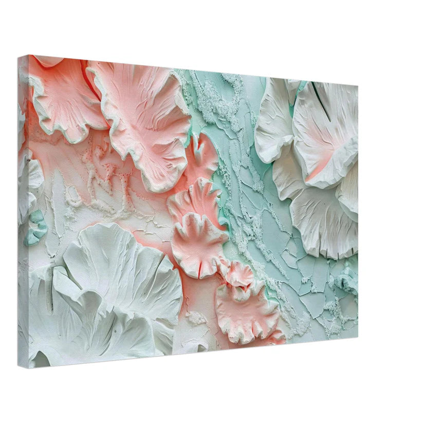 Petali di Gesso – Tela Materica con Fiori in Rosa e Verde Menta