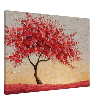 Albero della Vita Rosso – Tela Materica con Fiori Scarlatti