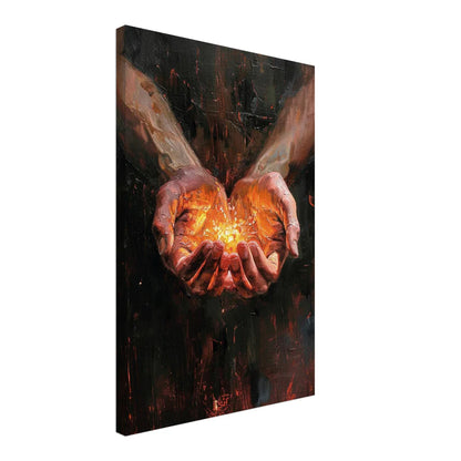Inner Fire – Tableau Texturé Mains à Lumière Chaude Cosmique