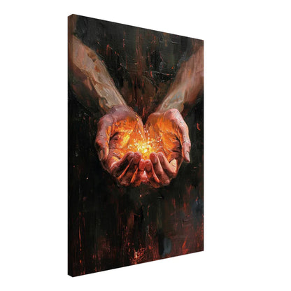 Inner Fire – Tableau Texturé Mains à Lumière Chaude Cosmique