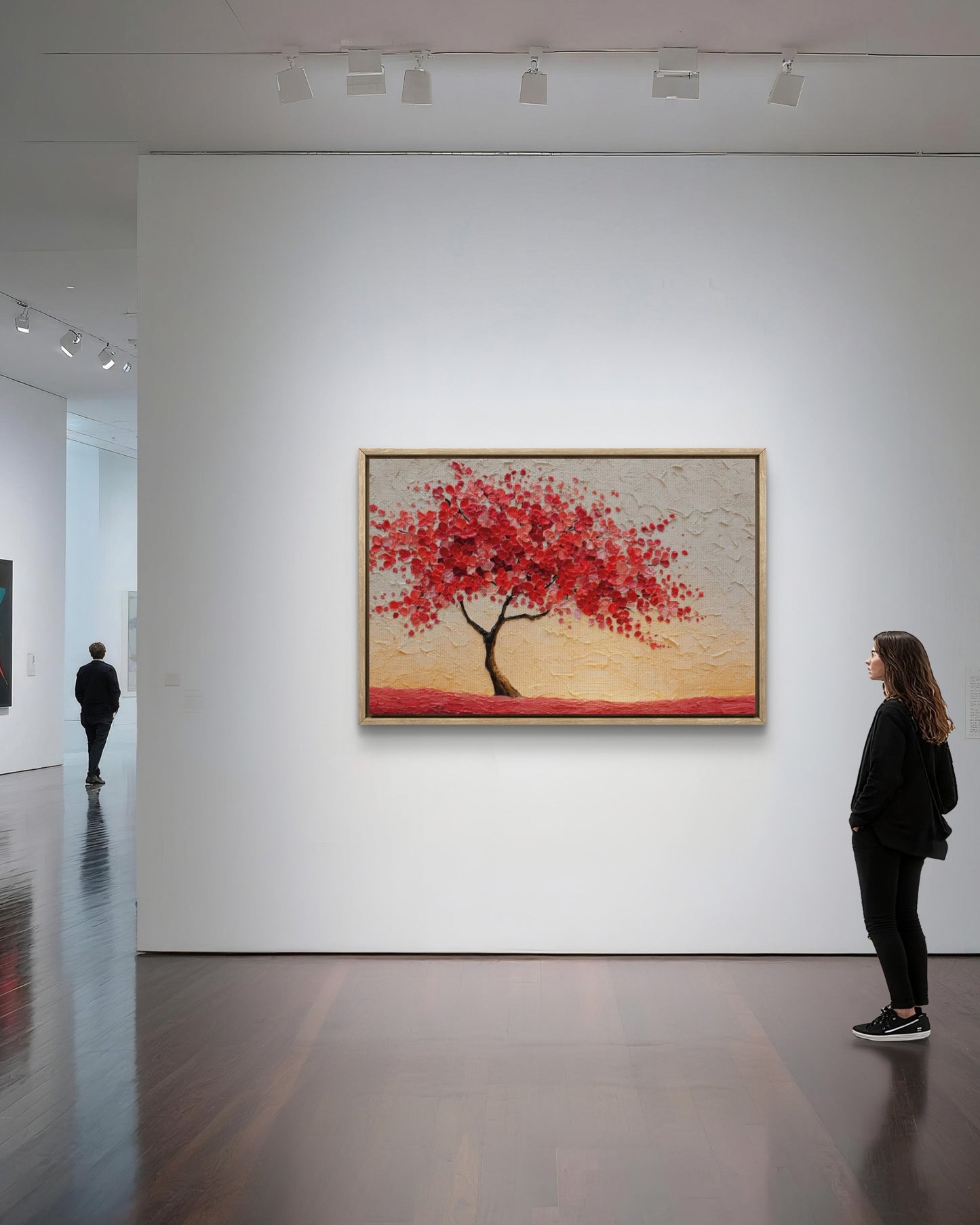 Albero della Vita Rosso – Tela Materica con Fiori Scarlatti