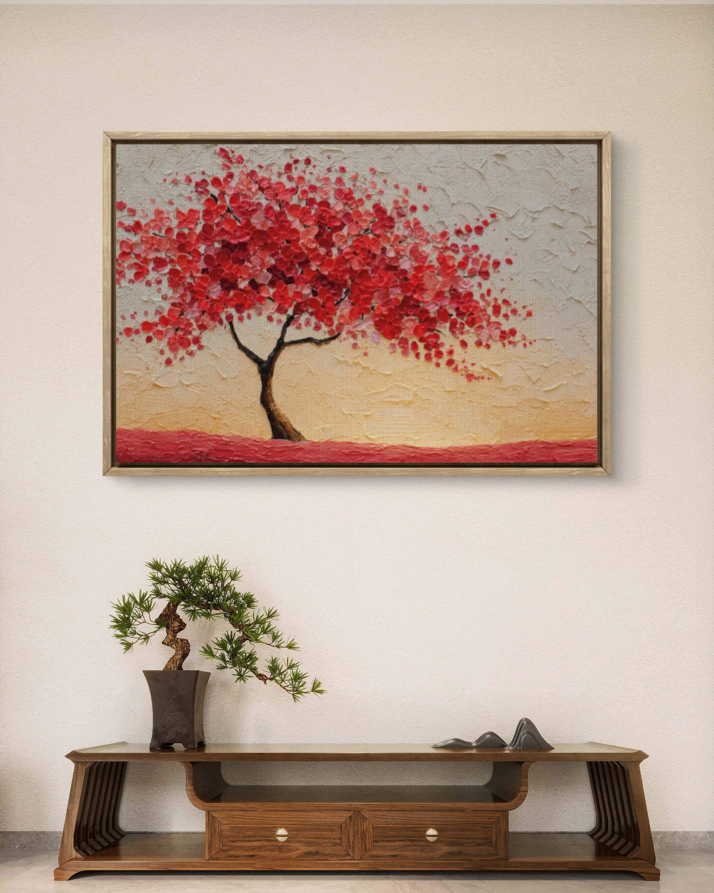 Albero della Vita Rosso – Tela Materica con Fiori Scarlatti