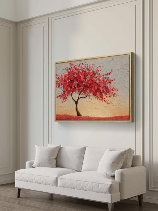Albero della Vita Rosso – Tela Materica con Fiori Scarlatti