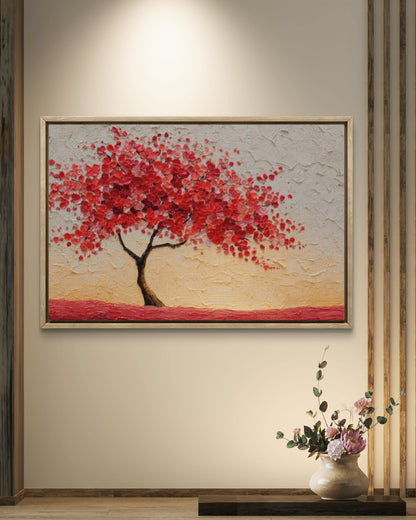 Albero della Vita Rosso – Tela Materica con Fiori Scarlatti