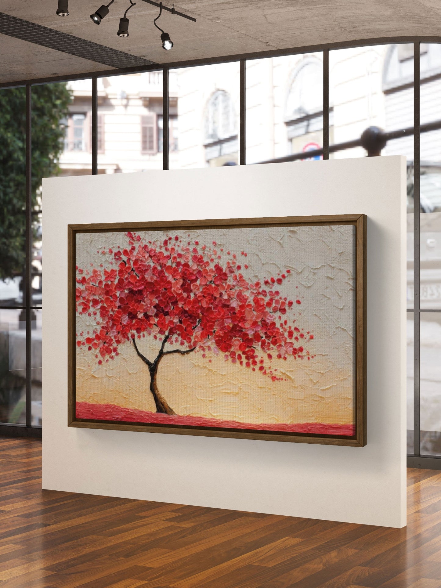 Albero della Vita Rosso – Tela Materica con Fiori Scarlatti
